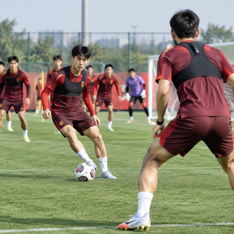 中国队球员在训练中进行战术演练，备战热身赛